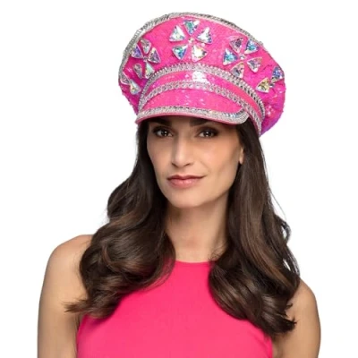 Image of Boland 33035 Burning Man Hat Pink Peaked Cap with Sequins, for Costumes, Festival, Carnival and Theme Party