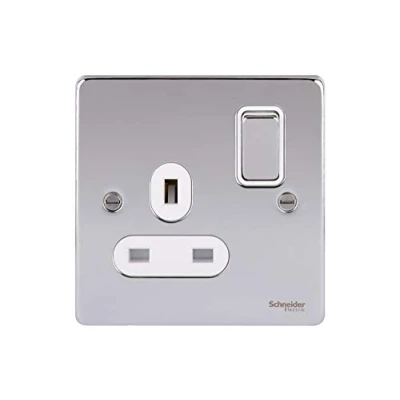 Image of Schneider Electric Ultimate Low Profile Single Switched Power Socket, 13A, GU3510WPC, Polished Chrome with White Insert