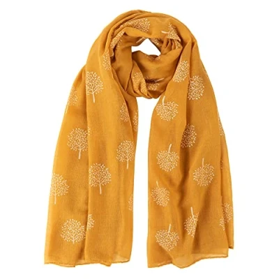 Image of London Scarfs Glitter Mulberry Trees Scarf Women Foil Printed Tree Fashion Ladies Wrap (Mustard With White Without Glitter)