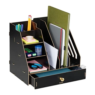 Image of Desk Organiser, Office Supplies and Documents, Different Size Compartments, diy, mdf, 29.5x33x24 cm, Black Relaxdays