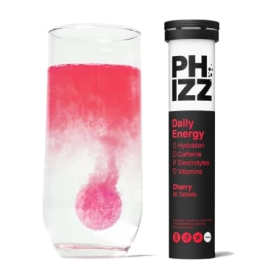 Image of Phizz Caffeine Boost Electrolyte Hydration Tablets 16 Vitamins and Minerals Effervescent Energy 75mg (Caffeine (Cherry), 20 Tablets)