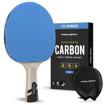 Image of Pro SPIN Table Tennis Bat Blue ITTF Approved Colour Premium Carbon Fibre Ping Pong Professional Quality Racket 7 Ply Blade, Rubber, 2.0mm Sponge Rubber Protector Case for