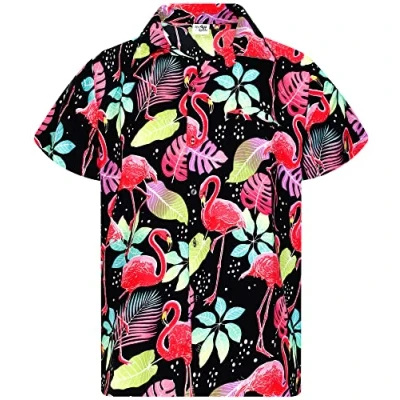 Image of King Kameha Mens Funky Flamingos Short Sleeve Hawaiian Shirt Novelty Summer Vibes, Flamingos, Black, XS
