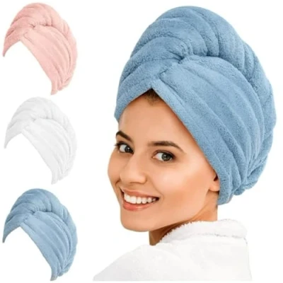 Image of EDB 3 Pack Luxurious Hair Turban Towel Wrap 100% Cotton Drying Towels Set for Women Wet Hairs Quick Dry &amp; Highly Absorbent Terry Cloth Shower Cap Ladies