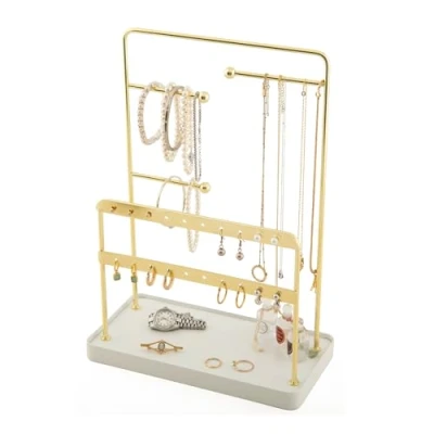Image of simplywire Jewellery Stand Necklace &amp; Earring Organiser with Bracelet Holder Gold White Tray