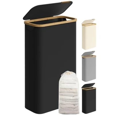 Image of SONGMICS Laundry Basket with Lid, Slim Hamper, 65L, Space Saving, Removable Mesh Liner, Oxford Fabric, Bamboo Handles, Collapsible, 42 x 22.5 70.5 cm, Ink Black LCB506B01
