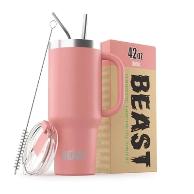 Image of Beast Tumbler 1300 ml (42 oz), Blossom Pink Reusable Stainless Steel, Vacuum Insulated Cup with + 2 Straws &amp; Cleaning Brush Double Wall Travel Flask Perfect for Hot or Iced Coffee BPA Free