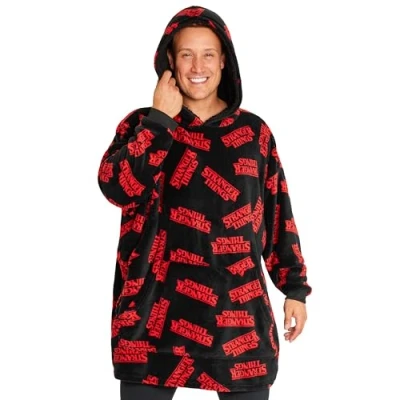Image of Stranger Things Blanket Hoodie for Adults and Teenagers Cosy Oversized Fleece One Size Sherpa Hood Gifts Her (Black/Red)