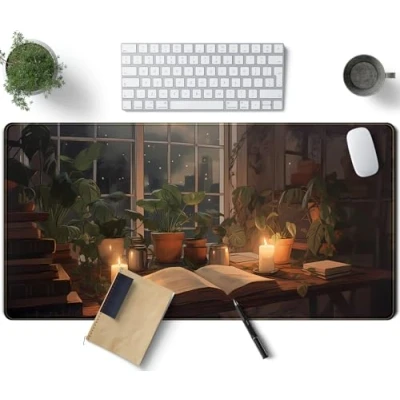 Image of Cute Book Lover Desk Mat Dark Academia Mouse Pad XXL Large Extended Mousepad Gaming with Stitched Edges, Cozy Lofi Deskmat Laptop Computer Keyboard and Decor Pad, 31.5x15.7 in