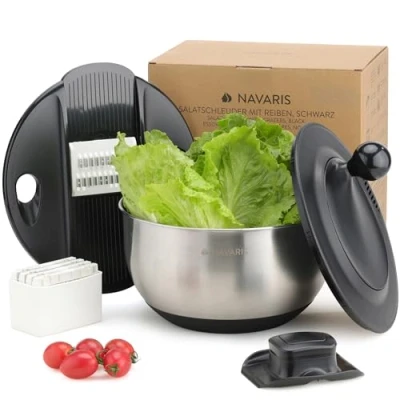 Image of Navaris Salad Spinner with Lid Stainless Steel Dryer Easy Washing, Drying and Spinning Includes Grating Slicing Discs