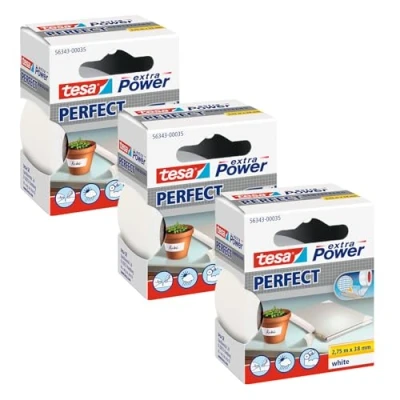 Image of tesa Extra Power Perfect Cloth Tape Fabric Reinforced Repairing for Crafting, Repairing, Fastening, Reinforcing and Labelling White 3X 2.75 m x 38 mm