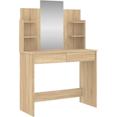 Image of vidaXL Sonoma Oak Dressing Table, Cosmetic Vanity Desk with Mirror, Durable Engineered Wood Makeup Table Storage Drawers and Shelves for Bedroom