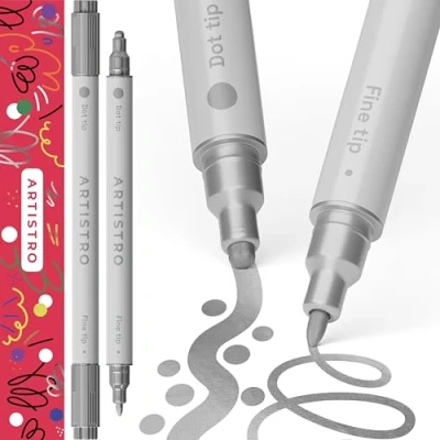 Image of 2 Metallic Silver Acrylic Paint Pens, Markers Dual Tip (Fine 1mm + Dot 5mm), for Fabric, Canvas, Rock, Glass, Wood, Paper, DYI, Kids and Adults