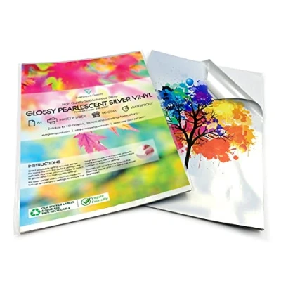 Image of Evergreen Goods 20 Sheets A4 Glossy Silver Printable Sticker Vinyl Waterproof Inkjet &amp; Laser Printing Self Adhesive Sticky Back Label