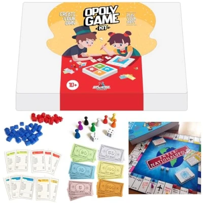 Image of Apostrophe Games Create Your Own Opoly Board Game Blank with Accessories, Cards, Property Cards Ideal for DIY Family Games, Creative Projects
