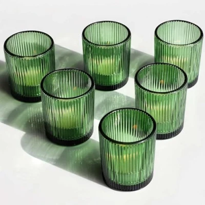 Image of Vohocandle 12pcs Green Tea Light Holders Ribbed Glass, Candle for Wedding Party Table Centerpieces, Glass Tealight Birthday Gift(5 cm x 6 cm, Green)