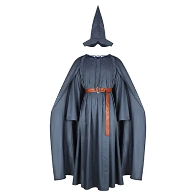 Image of AYYOHON Adult Gandalf Robe Mithrandir Lord Rings Costume Grey Cloak with Wizard Hat Cape Halloween Cosplay Suit M
