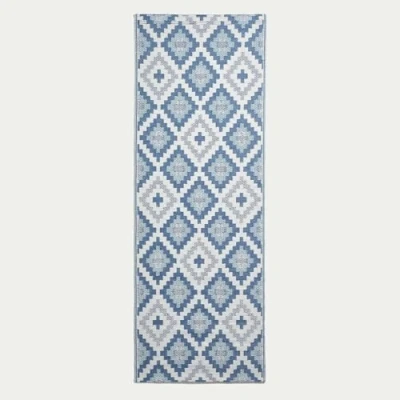 Image of HOMESCAPES Luxury Runner Outdoor Rugs for Garden Patio Waterproof 100% Recycled Plastic Mat Carpet 75 x 200cm Reversible Blue Geometric Rug Mia, Indoor/Outside &amp; Portable, Seamless