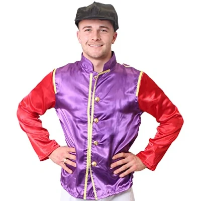 Image of Adults Jockey Costume Red and Purple X Large Jacket, Black Hat Grand National, Horse Racing Fancy Dress