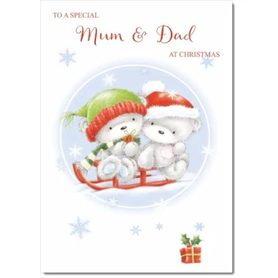 Image of doodlecards Mum and Dad Christmas Card Cute Bears on Sled Medium Size for &amp; with Plain Envelope