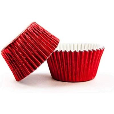 Image of 50 Mini Cupcake Cases Baking Muffin Cake Petits Fours RED FOIL