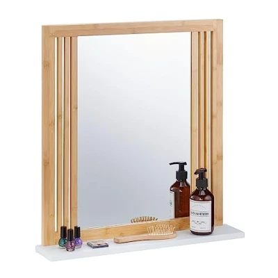 Image of Relaxdays Bathroom Mirror with Shelf, Bamboo &amp; MDF, Rectangular, HxWxD 56.5 x 54 10 cm, Wall Mounting, Natural/White