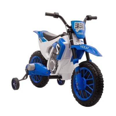 Image of HOMCOM Kids Electric Motorbike, 12V Battery Powered Motorbike for Boys and Girls with Training Wheels, Start up Button, Pedal, Ages 3 5 Years Blue