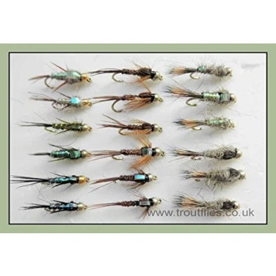 Image of Gold Head Trout Flies, 18 Pack Goldhead Nymph, Pheasant Tail, Hares Ear, Evils