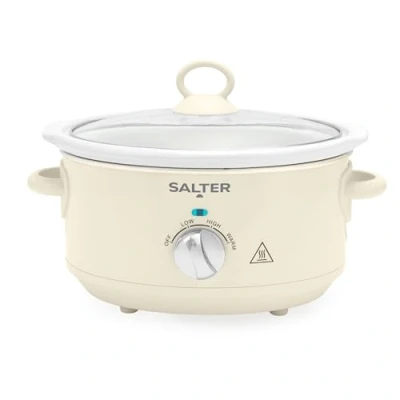 Image of Salter Retro 3.5L Slow Cooker 3 Heat Settings &amp; Keep Warm, Dishwasher Safe Ceramic Pot, Tempered Glass Lid, Cool Touch Handles, Family Cooking, Stews, Casseroles, Curries, Cream, 200W, EK6249CRM