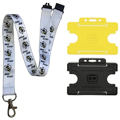 Image of Bee Kind Neck Lanyard &amp; Safety Breakaway Horizontal ID Card Holder (Black Holder)