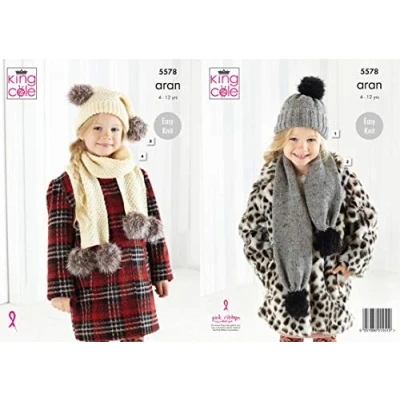 Image of King Cole 5578 Knitting Pattern Girls Hats and Scarves in Fashion Aran Fur