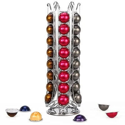 Image of Vinsani 48 Coffee Pod Holder for Nespresso Vertuo Vertuoline Pods Capsules Rotating 6 Stand Storage Rack Large Capacity Revolving Organiser Chrome