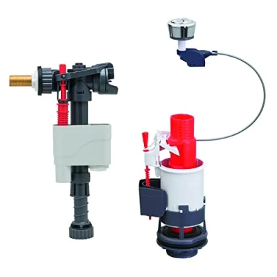 Image of Wirquin 10723598 Complete Toilet Flush Mechanism Double MW2 &amp; Feed Float Valve Doblo Grey and red