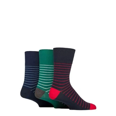 Image of Mens 3 Pair Gentle Grip Cotton Argyle Patterned and Striped Socks Compass Blue / Navy Grey 6 11