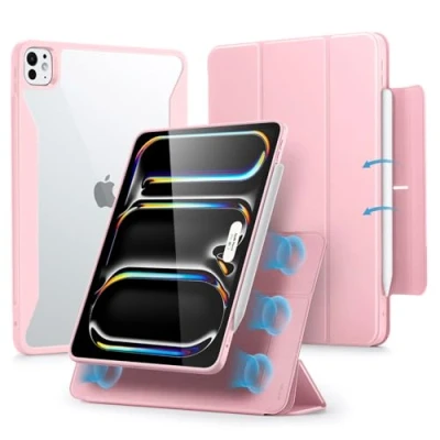 Image of ESR for iPad Pro 13 inch Case (2024), Powerful Magnetic Attachment, Slim Trifold Stand Case, Supports Apple Pencil and (USB C), Auto Wake/Sleep, Durable Protection, Rebound Series, Pink