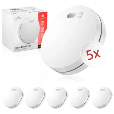 Image of ALPENLUFT Smoke Alarm 10 Year Battery, Fire Flat, Alarms for Home, Detector, Detector with No Drilling, Flashing LED Protection, System (Set of 5)