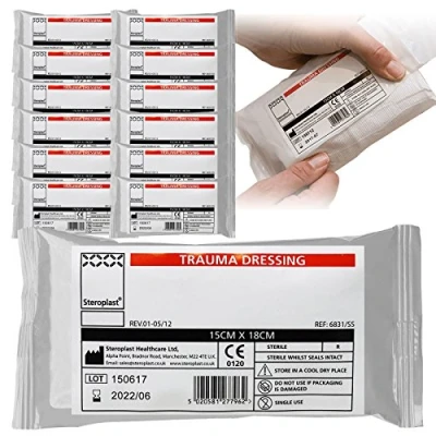 Image of Steroplast Large 15cm x 18cm FFD Trauma Wound Field Dressings, Military Pack x12