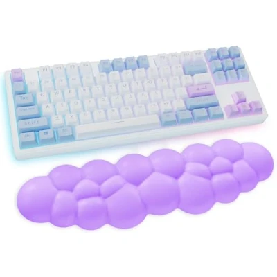 Image of Cloud Wrist Rest Keyboard, Purple Palm with PU Leather Memory Foam Cute Keyboard for Support and Arm Rest, Desk Pad PC Gaming/Hand Cushion/Computer/Office