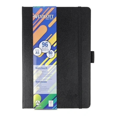 Image of Westcott notebook DIN A5 squared 192 pages in an elegant hardcover 80 g/m² sustainable FSC mix paper with inside pocket, bookmark, elasticated closure and pen holder E 744836 00