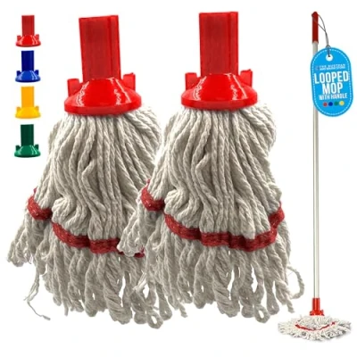 Image of Commercial Mops for Cleaning Floors with Mop Handle Looped Cotton Heads Absorbent Yarn, 120cm Heavy Duty Aluminium Handle, Floor Color Coded Hygiene Head Pack of 2 Red