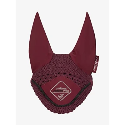 Image of LeMieux Junior Pro Fly Hood in Burgundy with Soft Lycra Ear 3 Way Close Knit Crochet Sport Horse Wear for Competitive Rider Small