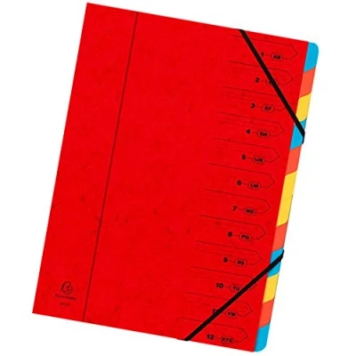 Image of Exacompta Ref 54125E Stapled Spine Multipart File 245 x 320mm in Size, Suitable for Storing A4 Documents 12 Tabbed Sections Red Cover with Multicoloured Tabs