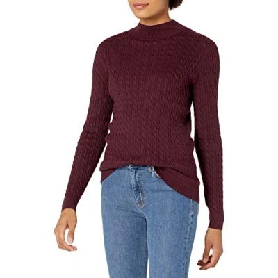Image of Amazon Essentials Women&#039;s Classic Fit Lightweight Cable Long Sleeve Mock Neck Jumper, Burgundy, XXL