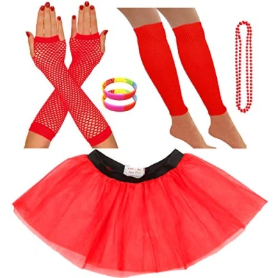 Image of REDSTAR FANCY DRESS® Neon Tutu Skirt Leg Warmers Fishnet Gloves Necklace Beads and Wrist (14 22 UK, Red)