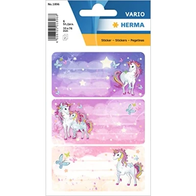 Image of HERMA 1896 Book Labels for Labelling, Unicorn (76 x 35 mm, 6 Name Stickers, Paper, Glitter) Self Adhesive, Permanent Adhesive School Books, Notebooks, Boxes, Household, Colourful