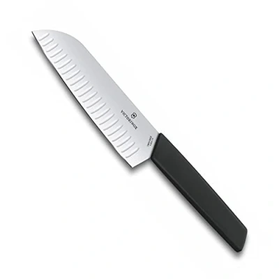 Image of Victorinox, Swiss Modern Professional Santoku Knife, Extra Sharp Blade, Serrated Edge, 17 cm, Robust Plastic Handle, Stainless Steel, Black