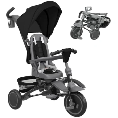 Image of AIYAPLAY Kids Trike, 6 in 1 Toddler Tricycle with Adjustable Parent Handle &amp; Canopy, Convertible Seat, for Ages 5 Years, Foldable Baby Trike Safety Harness, Storage Basket Bag, Black