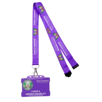 Image of Hidden Disability Awareness Badge Card Holder with Butterfly Lanyard Symbolising Change and Development for The Community (Purple Lanyard) Quantum Leap