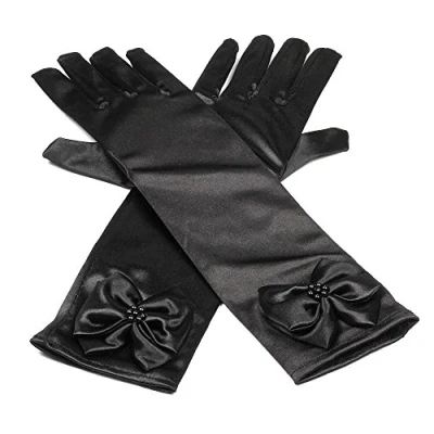 Image of RUNHENG Kids Stretchy Satin Long Finger Dress Gloves (Black)(Size: 29cm)