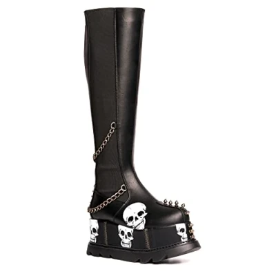Image of LAMODA Women&#039;s Eerie Knee High Boot, Black Pu Skull, 5 UK